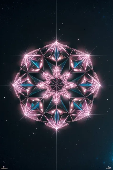 A beautiful woman who is growing from a eight pointed star in the center, growing like a biomechanical organism, pale pink, black and metallic silver,like a living organism, shining bright, growing in symmetrical designs and arabesques, adorned with blue l...