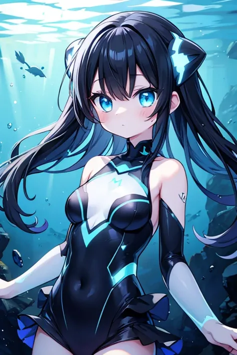 Abyss girl, underwater, depths, deep sea alien girl, cute, black hair, glowing blue eyes, LED clothing