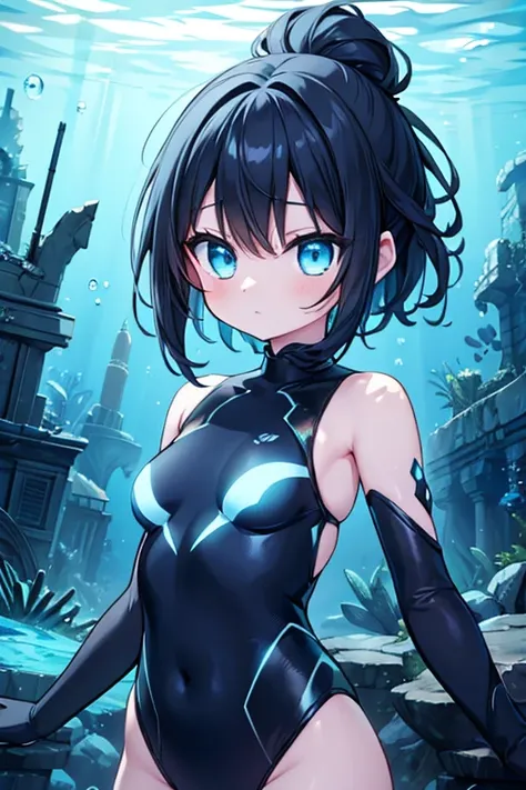 Abyss girl, underwater, depths, deep sea alien girl, cute, black hair, glowing blue eyes, LED clothing, underwater ruins.