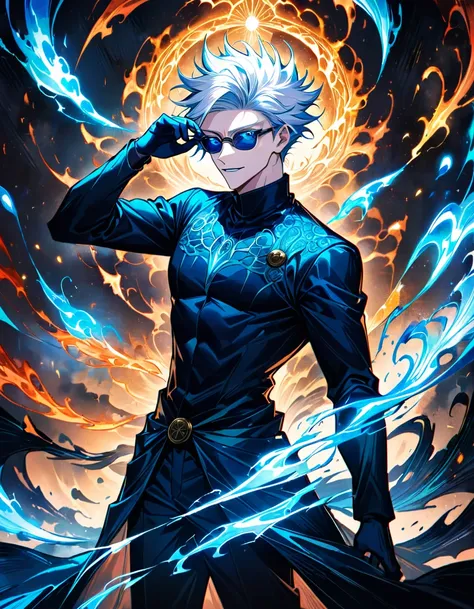 1male, satoru gojo,jujutsu kaisen, beautiful detailed eyes, beautiful detailed lips, extremely detailed eyes and face, long eyelashes, tall slender man, white hair, black blindfold, sunglasses, removing blindfold, mesmerizing blue eyes, intense confident e...