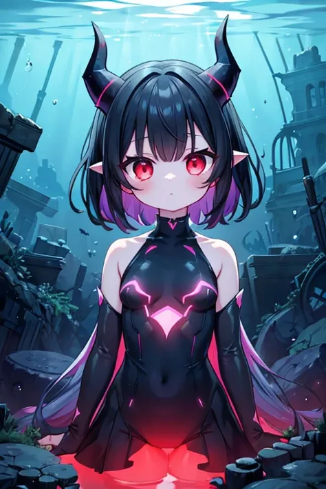 Abyss girl, underwater, depths, deep sea alien girl, cute, black hair, horns, glowing red eyes, LED clothing, underwater ruins.