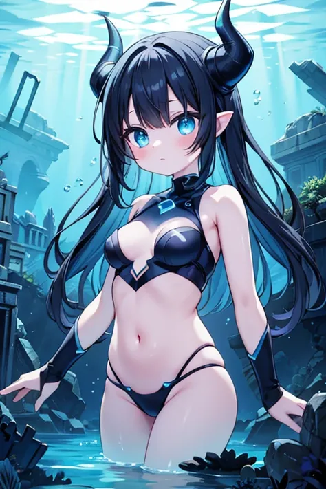 Abyss girl, underwater, depths, deep sea alien girl, cute, black hair, horns, glowing blue eyes, LED clothing, underwater ruins.