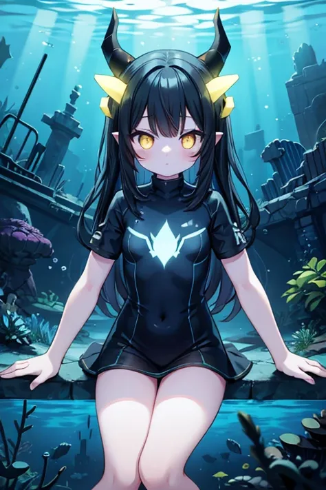 Abyss girl, underwater, depths, deep sea alien girl, cute, black hair, horns, glowing yellow eyes, LED clothing, underwater ruins.