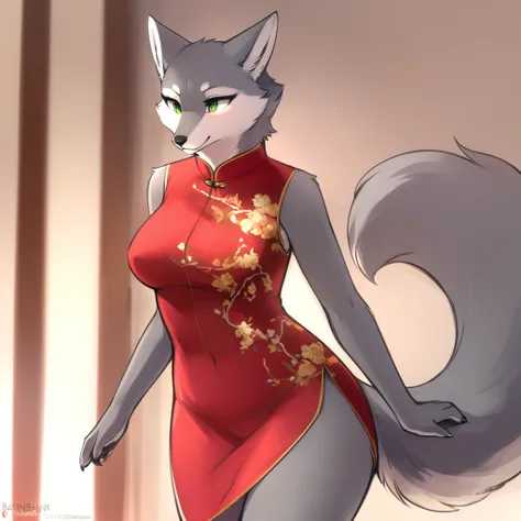 top quality, best quality, by bahnbahn, High-quality illustrations, masterpiece, shading, light)(kemono, furry anthro, alone), round, female, wolf, slim body, wide hips, big breasts, perfect eyes, green pupils, grey furs, fluffy, tails, chinese dress, body...