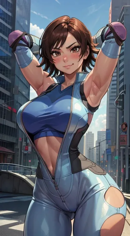 (melhor qualidade:1.3), (qualidade 4K), asuka kazama, ((detailed face)),((smile)), ((curvy body)), (peitos grandes), sexy, (( cut hair)), ((body suit clivagem, sleeveless)), ((city)), arms up, armpits visible