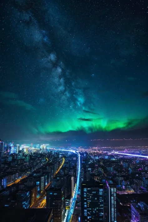 highest quality、Landscape painting、Neon lights in the city、Starry Sky、moon