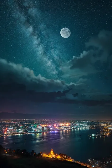 highest quality、Landscape painting、Neon lights in the city、Starry Sky、moon