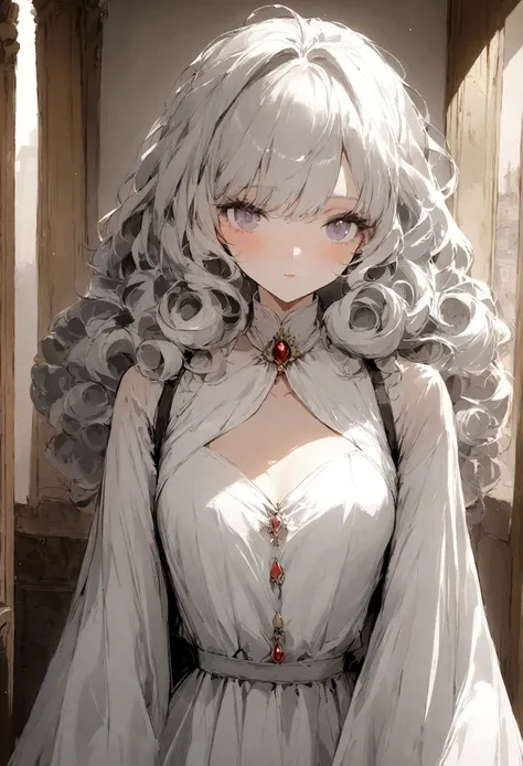 1fille,curly hair,dans une chambre blanche 