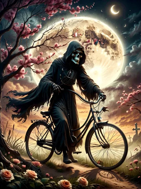 Create a surreal digital painting showcasing a captivating figure of death, interpreted as the grim reaper, riding a bicycle adorned with blossoms under the glow of a crescent moon bearing the likeness of a human face. The scene features elements of fluidi...