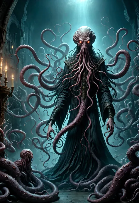 a cosmic horror creature with long tentacles, an ominous looming presence, divine and demonic symbolism, a merciless entity, (best quality,4k,8k,highres,masterpiece:1.2),ultra-detailed,(realistic,photorealistic,photo-realistic:1.37),dark fantasy,eldritch,s...