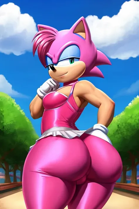 Sonic as a crossdresser with a big ass and bulge in pink dress