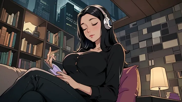 Beautiful woman in her 30s with black hair is sitting with headphones on the sofa. Looking down, eyes closed, LOFI girl, alone in the room, blouse, cozy wallpaper, big cushion, bookshelf, relaxing mood, night core, cozy, wide glass window with skyscrapers,...