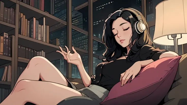 Beautiful woman in her 30s with black hair is sitting with headphones on the sofa. Looking down, eyes closed, LOFI girl, alone in the room, blouse, cozy wallpaper, big cushion, bookshelf, relaxing mood, night core, cozy, wide glass window with skyscrapers,...