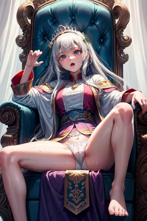 High resolution, highest quality,  super high quality, Ultra-detailed, Cinematic lighting、Sit on a majestic throne、Princess spreading her legs、Spread your legs、Anguished expression、White panties、Sweaty、Sweat、