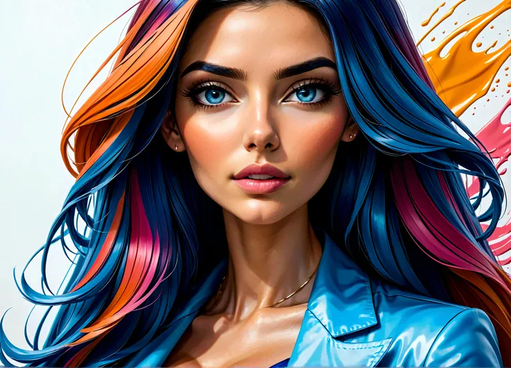 Uma linda mulher, highlighted in vibrant colors like a colored pencil drawing, tirando o cabelo do rosto. The woman is very well dressed in a mix of blue tones, rosa e laranja, com detalhes intrincados destacando suas vestes. All around her are splashes of...
