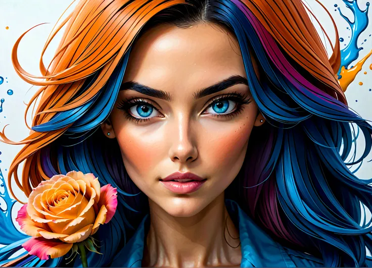 uma linda mulher, highlighted in vibrant colors like a colored pencil drawing, tirando o cabelo do rosto. the woman is very well...