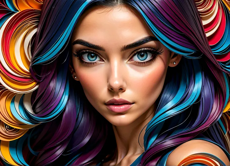 ultra detailed artistic abstract photography of geometric woman, 32k modern abstract poster of a beautiful woman, cabelo feito de design quilling de papel 3D, quilling de papel abstrato, olhos castanhos symmetricals detalhados com íris circular, fragmentos...