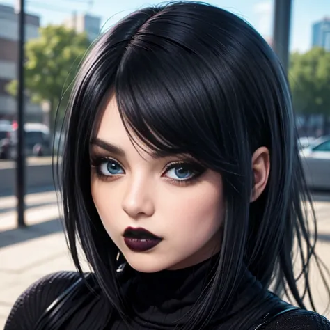 anime lesbian goth girl with long glowing black hair, blue eyes, and full lips staring at the camera, she has black hair with ba...