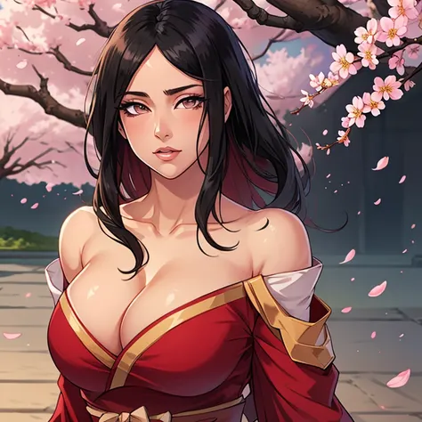 masterpiece, Best quality at best, 1girll, hanabi hyuga, Large breasts, (Off-the-shoulder attire, (cleavage), (upperbody closeup), Raised sexy, with black hair, Forehead protection, the cherry trees, Cherry blossoms flying, Red clothes sleeveless