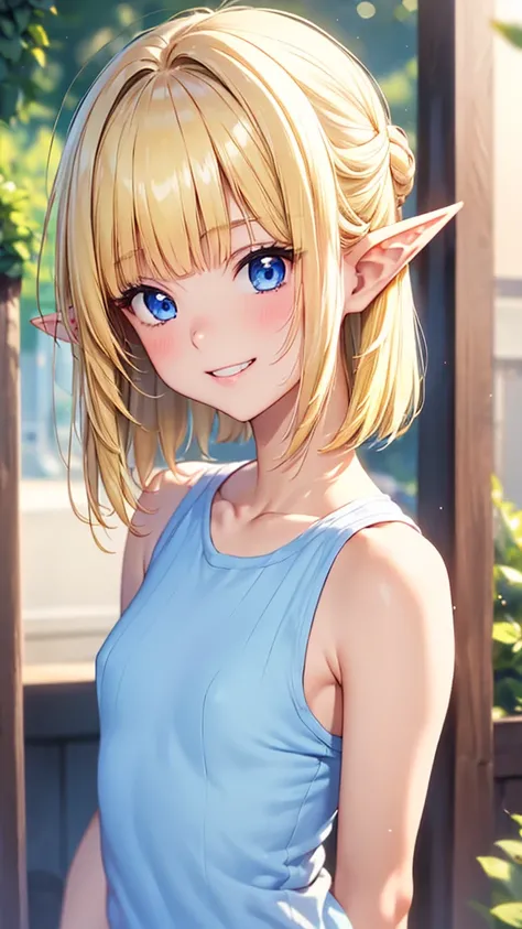 Very close、((Focus on the upper body))、16k、masterpiece、High resolution、High resolution、((1 young elven female))、((Beautiful white skin))、((Beautiful blonde))、((Small breasts))、Bun Head、short hair、((Beautiful Blue Eyes))、((Pointy Ears))、Smiling Kindly、Grin、...