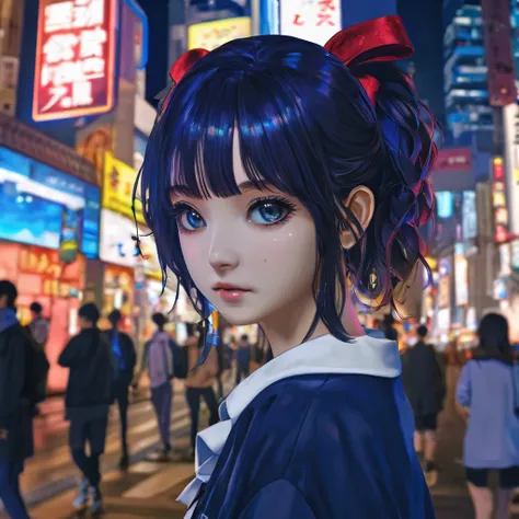 (8k, RAW photo, masterpiece:1.3), (realistic, photo-realistic:1.37), (night), (looking at viewer:1.331), (bloody hair), posing, Tokyo street, nightcityscape, cyberpunk city, soft light, 1girl, extremely beautiful face, bust, put down hands, Random hairstyl...