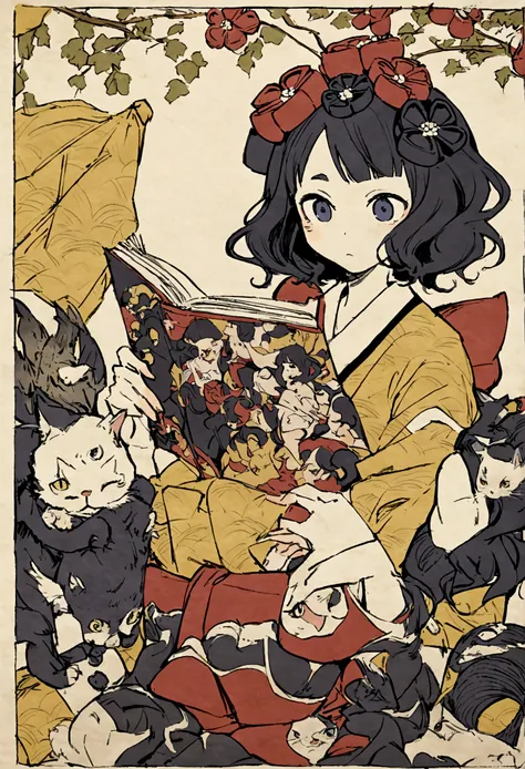 Anthropomorphic cat, temple school, reading books, Katsushika Hokusai, Utagawa Kuniyoshi, bird-and-beast caricatures, delicate and precise, Ukiyoe style, girl