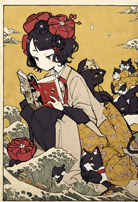 Anthropomorphic cat, temple school, reading books, Katsushika Hokusai, Utagawa Kuniyoshi, bird-and-beast caricatures, delicate and precise, Ukiyoe style, girl