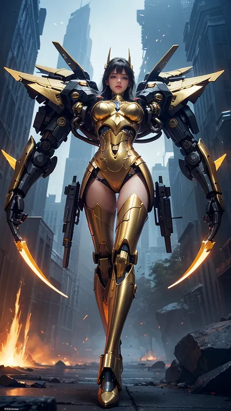 "((Surreal)) cyborg, It looks like an empty mountain, ((Mecha Gold Body)), ((Translucent glass limbs)), Mechanic&#39;s outfit, ((Girl with bad attitude)), Dynamic Lighting, Complex reflections, ((Edgy cyberpunk vibe)). Blonde,Golden Eyes ,All Golden ,Yoga ...