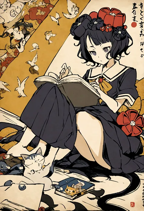 Anthropomorphic cat, temple school, reading books, Katsushika Hokusai, Utagawa Kuniyoshi, bird-and-beast caricatures, delicate and precise, Ukiyoe style, girl