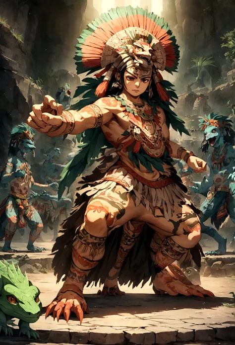 (((Lizard God))) best quality, very high resolution, 4K detailed CG, master piece, Aztec mythology, Salamander God, Xolotl, Mexico, Aztec clothing, Aztec city, ((standing pose)), aesthetic, Beautiful image, centered on screen, fighting pose