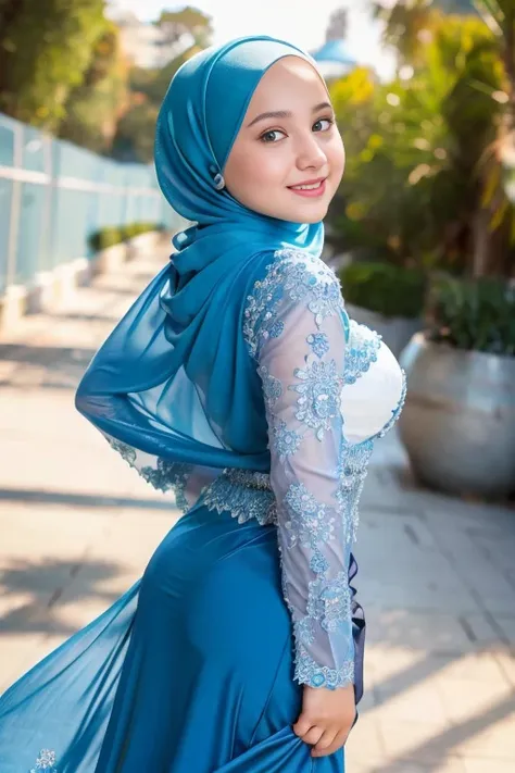 Beautiful, cute baby Face, Russian muslim girl, (wearing blue hijab), full hijab, sexy long sleeves kebaya transparant dress, slightly Chubby , White Skin, Smiling, porn studio Background, day light,mid shot, full body, Perfect Potrait, Bokeh Effect, Look ...