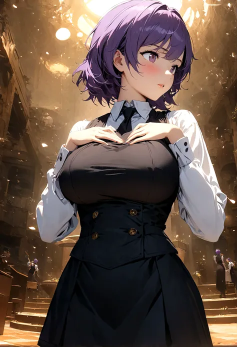 1 Girl, Solitary, Bangs, blush, Place your hands on your chest, Jill Stingley, Long sleeve, looking at the audience, Purple Hair, Superior breasts, Peach buttocks，Black Silk，tie, shirt, Crouching on the ground alone, Vest, Bartender, Vest, white shirt,8K,極...