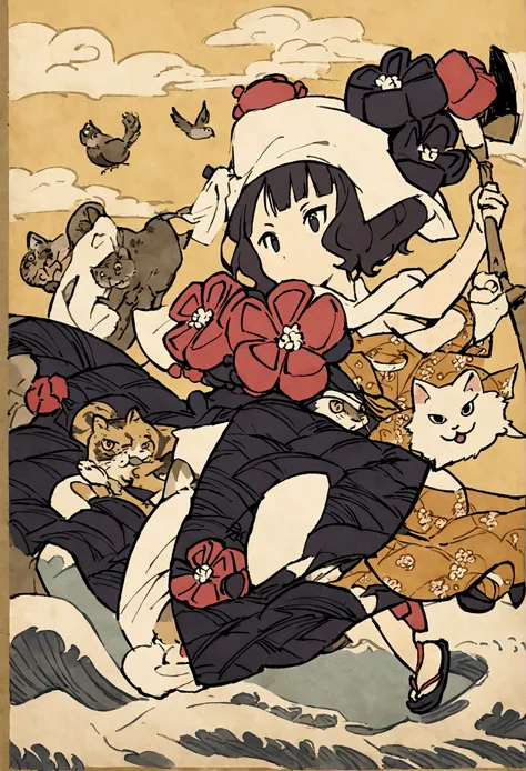 Anthropomorphic cat, dancing with towel over head, cleaning with hatchet, Katsushika Hokusai, Utagawa Kuniyoshi, Birds and beasts caricature, delicate and detailed, Ukiyoe style, girl