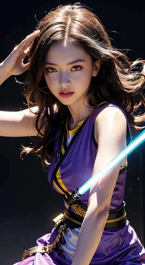 (reality: 1.4), (RAW Photos, highest quality), (reality的, Photorealistic photography: 1.3), highest quality, Very detailed, masterpiece, Hyper Detail, figure, 1 girl, Made as a human, smile, purple Hair, purple Clothes, purple, White lightsaber in hand, Li...