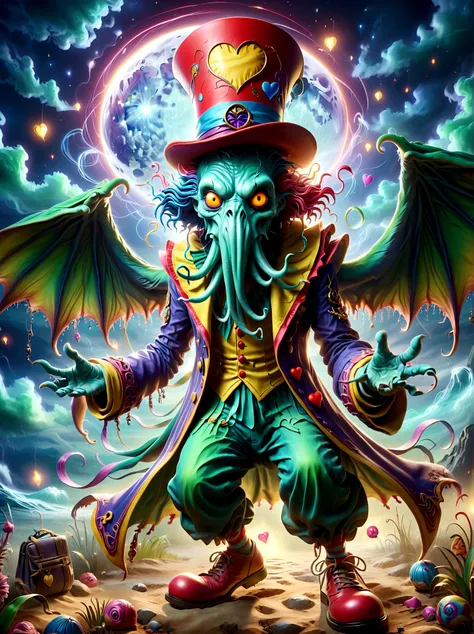 (a cthulhu monster:1.5)，dress up as a clown，with a mischievous smile on his face，eyes wide open，sparkling，his figure is slender，...