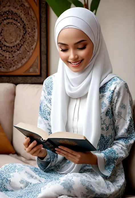 hyper realsitic image of a beautiful indonesia woman wearing white hijabi muslim, smiling peace white skin very beauty, wearing white long dress casual motif batik, sitting reading al-Quran, indoor modern luxury home.