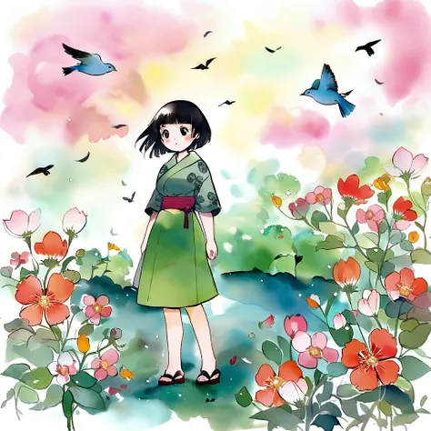 flowers and birds, Japanese manga style, desenhando, Cor aquarela.