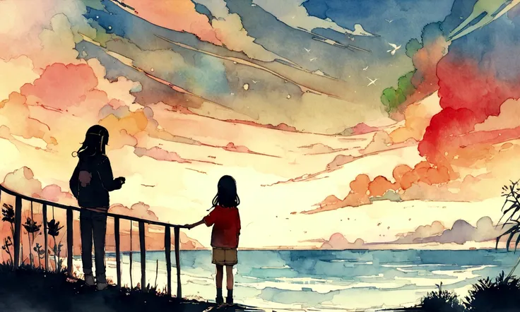 European girl with medium long hair、Overlooking the nearby sea、Enjoy a coffee on the terrace of a cafe.1 cup， Back view of a person leaning on his elbows and looking at the sea，dream, Please wear headphones, Analog Color Theme, Lo-fi Hip Hop , retrospectiv...