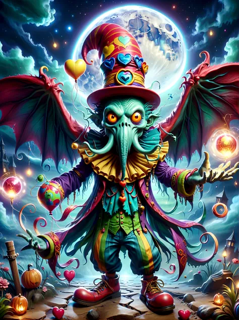 (a cthulhu monster:1.5)，dress up as a clown，with a mischievous smile on his face，eyes wide open，sparkling，his figure is slender，...