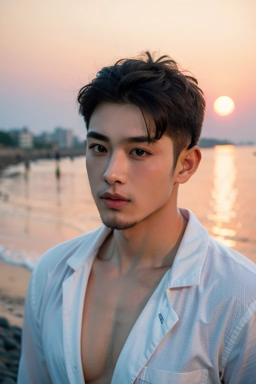 1 boy,Handsome asian male,Face,beard,seaside，Sunset，Sunset