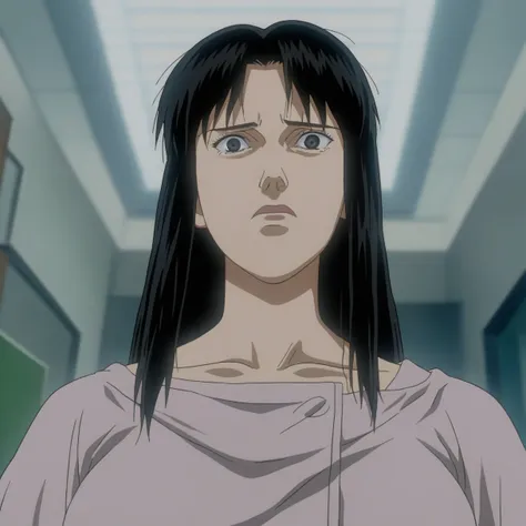 a low angle movie still from below,whole body,one girl,alone,black hair,black eye,parody,close,black hair,long hair,,eroge,anime...