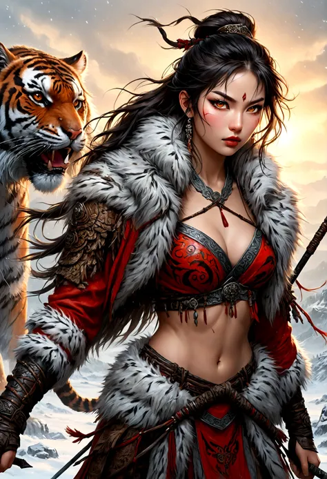 (best quality,4k,8K,high resolution,masterpiece:1.2),Very detailed,(actual,photoactual,photo-actual:1.37),Thick fur winter coat,Creative fusion of traditional Chinese design patterns and contemporary elements, High Ponytail，There is blood on the face，Red p...