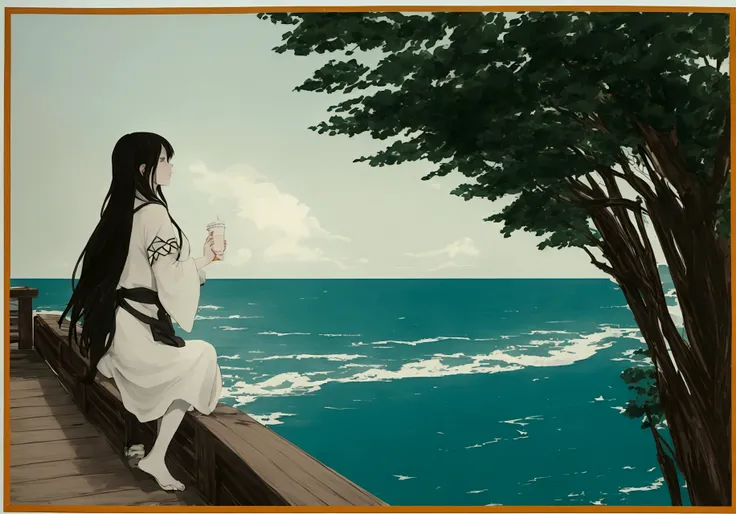 European girl with medium long hair、Overlooking the nearby sea、Enjoy a coffee on the terrace of a cafe.1 cup， Back view of a person leaning on his elbows and looking at the sea，dream, Please wear headphones, Analog Color Theme, Lo-fi Hip Hop , retrospectiv...