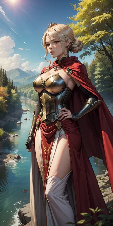 (masterpiece, best quality) 1girlsolo (the empress:1.15) (red cape) curtain, armored dress, queen dress, aurora (sunshine, sky, river, forest)