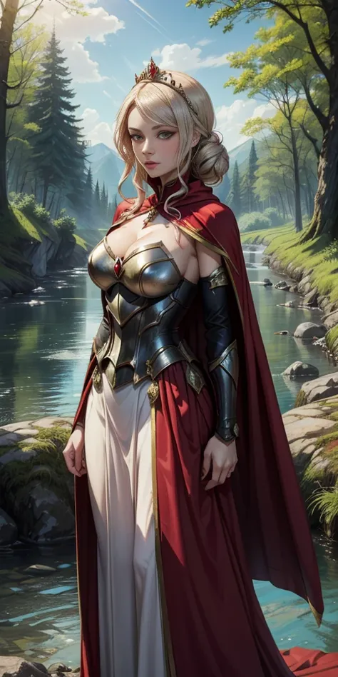 (masterpiece, best quality) 1girlsolo (the empress:1.15) (red cape) curtain, armored dress, queen dress, aurora (sunshine, sky, river, forest)