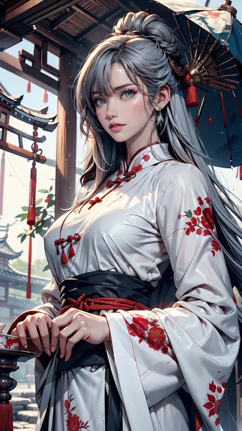 masterpiece, highest quality, night, Outdoor, rainy days, branch, Chinese style, ancient China, 1 female, Mature Woman, A woman with long silvery white hair, Gray Blue Eyes, Pale pink lips, cold, Severe, weak, bangs, Assassin, Short knife, White clothes, B...