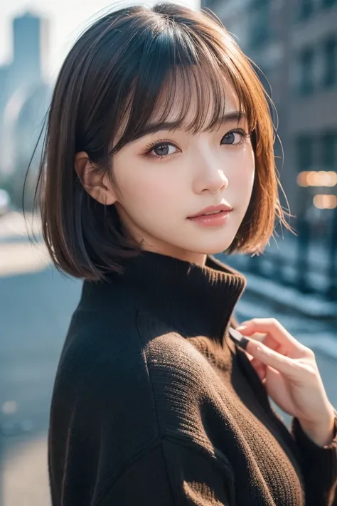 (((face close-up)))、(((brown, shoulder-length, straight short bob)))、(((she has the new york skyline in the background、posing li...