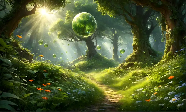 Mysterious forest in early summer、Gentle sunlight through the trees、Fresh greenery、Fantastic plants、Lush forest leaves, grass and wildflowers、Delicious little fruit、Fairy dust floating in the air、Mysterious spheres of light flying around、The overall atmosp...