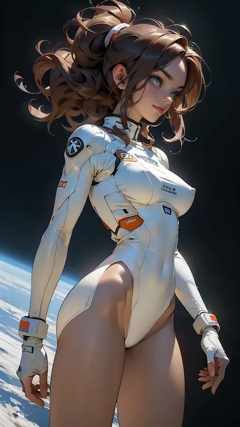 Side view,,gritty hair fit body massive breasts (protuding erect nipples) slim thighs slim waist, transparent pilot suit top, nude lower body, bare belly, bare buttocks, bare thighs, smiling looking at the viewer. in space long hair blushing determination,...