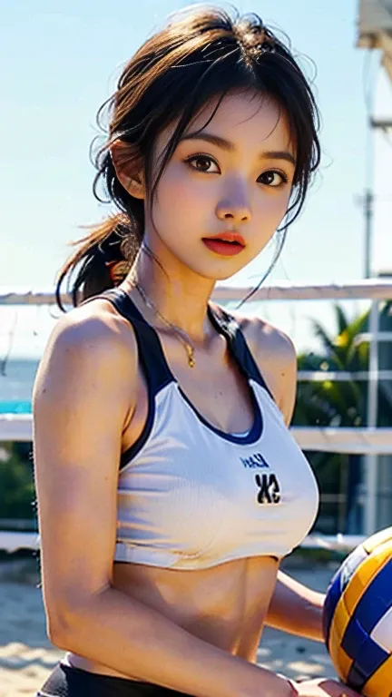 slim asian girl, kpop idol, ((Beach volleyball)), ((top quality, 8K, masterpiece: 1.3)), sharp focus: 1.2, Beautiful woman with perfect body: 1.4, Highly detailed face and skin texture, detailed eyes, thin, beautiful face, symmetrical face, total length, s...